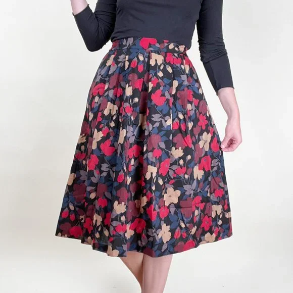 Vintage Liberty of London Dark Floral Print Pleated High Rise Midi Skirt Preppy - Picture 2 of 10